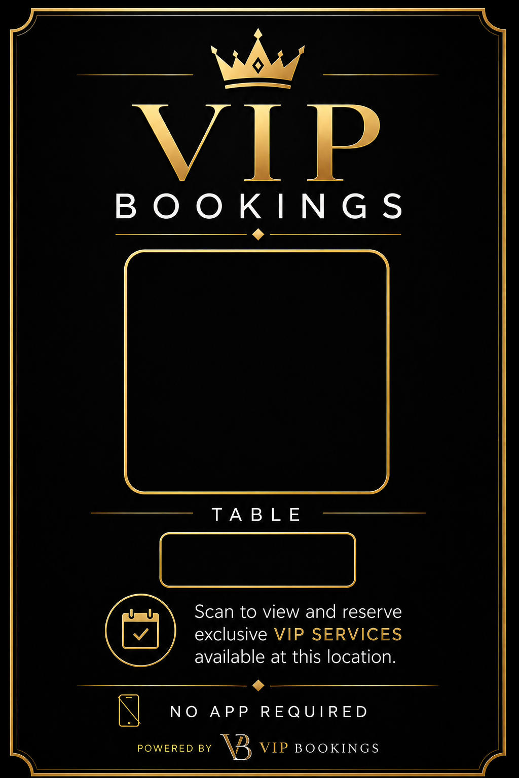 A VIP booking table card with a QR code and table number